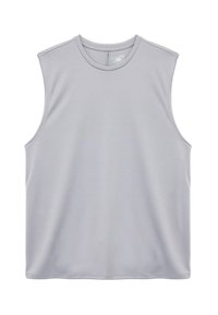 Lichtgrijs mouwloos sporttopje van zachte stof, met een ronde halslijn en een schoon, eenvoudig ontwerp zonder versieringen.