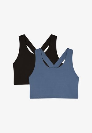 Due reggiseni sportivi in nero e blu, con un design a incrocio sulla schiena, realizzati in un tessuto morbido con una texture liscia e senza motivi visibili.
