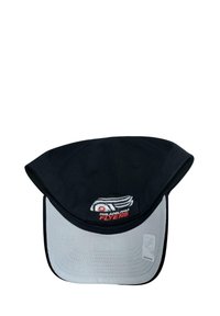 Black baseball cap with a grey brim, featuring an embroidered Philadelphia Flyers logo in white and red on the front.