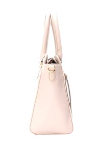 Borsa a mano in pelle rosa chiaro con doppi manici, forma triangolare, superficie testurizzata e accentuazioni in hardware tono oro.