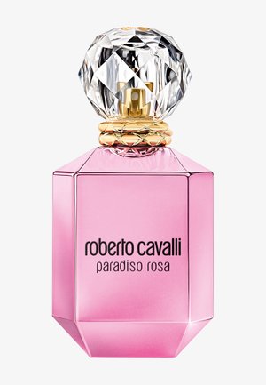 Lyserød facetteret parfume flaske med en klar, multifacetteret krystalprop og guldkant, mærket "roberto cavalli paradiso rosa."