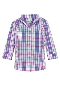 Camicia a scacchi bianca, rosa e blu, con colletto, maniche a tre quarti e chiusura con bottoni, realizzata in un morbido tessuto di cotone.