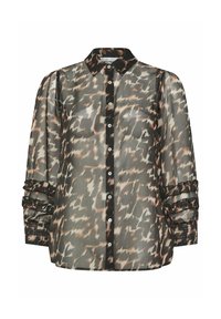 Blusa trasparente con motivo astratto in bianco e nero e marrone. Presenta un colletto classico, chiusura con bottoni e maniche arricciate. Tessuto leggero.