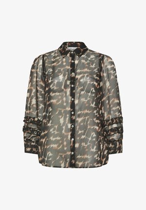 Durchsichtige, gemusterte Bluse mit einem abstrakten Design in Schwarz und Braun. Verfügt über einen klassischen Kragen, eine Knopfleiste und Rüschensleeves. Leichter Stoff.