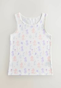 Weißes Tanktop mit einem wiederholten Muster aus Figuren und Schlössern in pastell-lila, rosa und blau. Weicher, glatter Stoff mit rundem Ausschnitt.