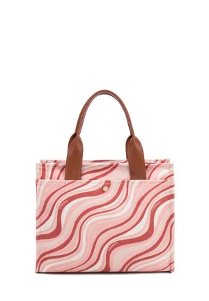 Sac cabas à motif ondulé rose et rouge avec anses en cuir marron et poche avant sécurisée par un bouton.