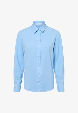 Light blue button-up shirt made of soft fabric. Features a pointed collar, long sleeves, and a front button closure with matching buttons.