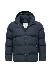 Giacca imbottita blu scuro con cappuccio, chiusura frontale con zip e due tasche laterali con zip, etichettata "ragwear" all'interno del colletto e sulle zip.