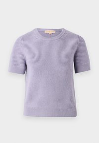 Maglione a maniche corte in maglia di un leggero colore viola con una texture a coste, scollo rotondo e orlo dritto. Tessuto morbido e vestibilità rilassata.