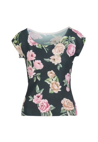 Haut noir à manches courtes avec motif floral dans des tons de rose et beige, doté d'un col large et d'une coupe ajustée. Texture de tissu douce.