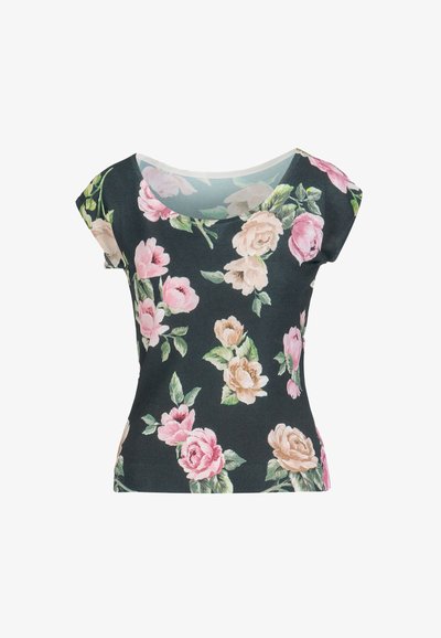 Haut noir à manches courtes avec motif floral dans des tons de rose et beige, doté d'un col large et d'une coupe ajustée. Texture de tissu douce.