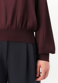Rechterhand ontspannen aan de zijkant, gekleed in een kastanjebruine blouse met lange mouwen en een verzameld taille, samen met donkere geplooide broeken, op een witte achtergrond.