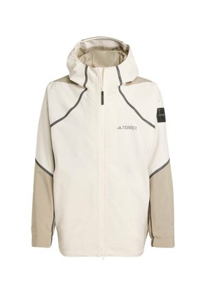 Lightweight, cream jacket with a zip front, hood, and gray accents. Features textured sleeves and a logo on the chest for branding.