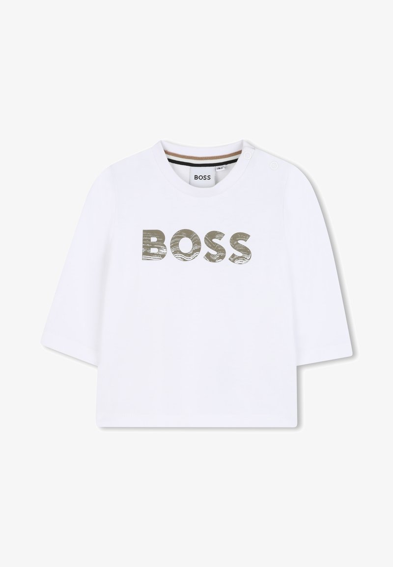 Biela tričko s krátkymi rukávmi s metalickým logom "BOSS" na prednej strane. Navrhnuté s okrúhlym výstrihom a jemnými prúžkovými akcentmi.