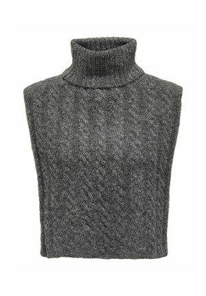 Gray knitted sleeveless turtleneck sweater with a textured, cable-knit pattern and a high, ribbed collar. Soft and warm material.