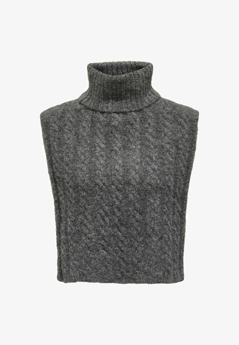 Grå strikket ermeløs turtleneck genser med et teksturert, kabelstrikket mønster og høy, ribbet krage. Mykt og varmt materiale.