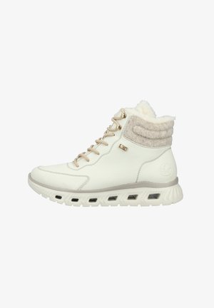 Witte leren hoge sneakers met een gestructureerde grijze stofkraag, beige veters en een gevoerd zool met zwarte ventilatieaccenten.