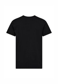 Sort T-shirt med korte ærmer, rund hals og et glat, bomuldsstof. Bagsiden er enkel uden yderligere detaljer eller mønstre.