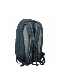 Dunkelgrauer Rucksack mit gepolsterten, belüfteten Rückenteilen und verstellbaren Trägern, von hinten auf weißem Hintergrund gezeigt.