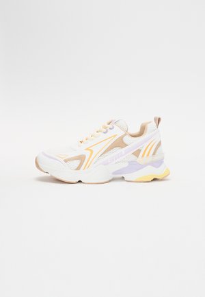 Sporty sneakers with a white mesh upper, beige accents, and purple and yellow details. Features a cushioned sole and lacing system.