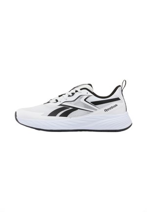 Witte en zwarte Reebok hardloopschoen met gedempte zool, veters aan de voorkant en een trekkoordje bij de hiel, gezien vanaf de buitenkant.