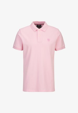 Hellrosa Kurzarm-Poloshirt mit zwei Knöpfen, einem Kragen und einem kleinen gestickten Logo auf der linken Brust.