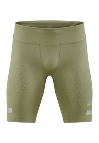 Olivgrüne Kompressionsshorts mit glatter Textur, die ein Rautenmuster an den Seiten und reflektierende Akzente am unteren Saum aufweisen.