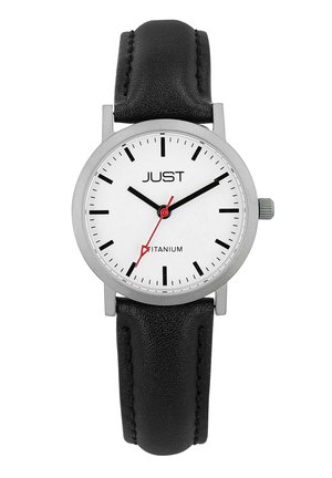 Round titanium watch with a white dial, black hour markers, and red second hand. Features a textured black leather strap.