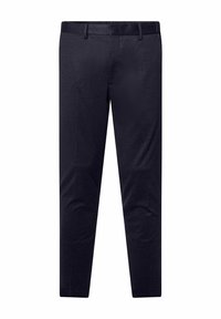 Marineblauwe broek met een gladde textuur, taps toelopende pasvorm, twee zijzakken en een subtiel patroon, voorzien van een standaard tailleband en ritssluiting.