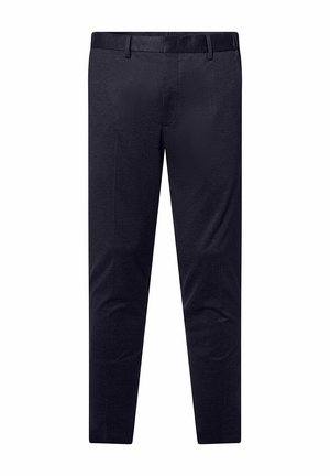 Marineblauwe broek met een gladde textuur, taps toelopende pasvorm, twee zijzakken en een subtiel patroon, voorzien van een standaard tailleband en ritssluiting.