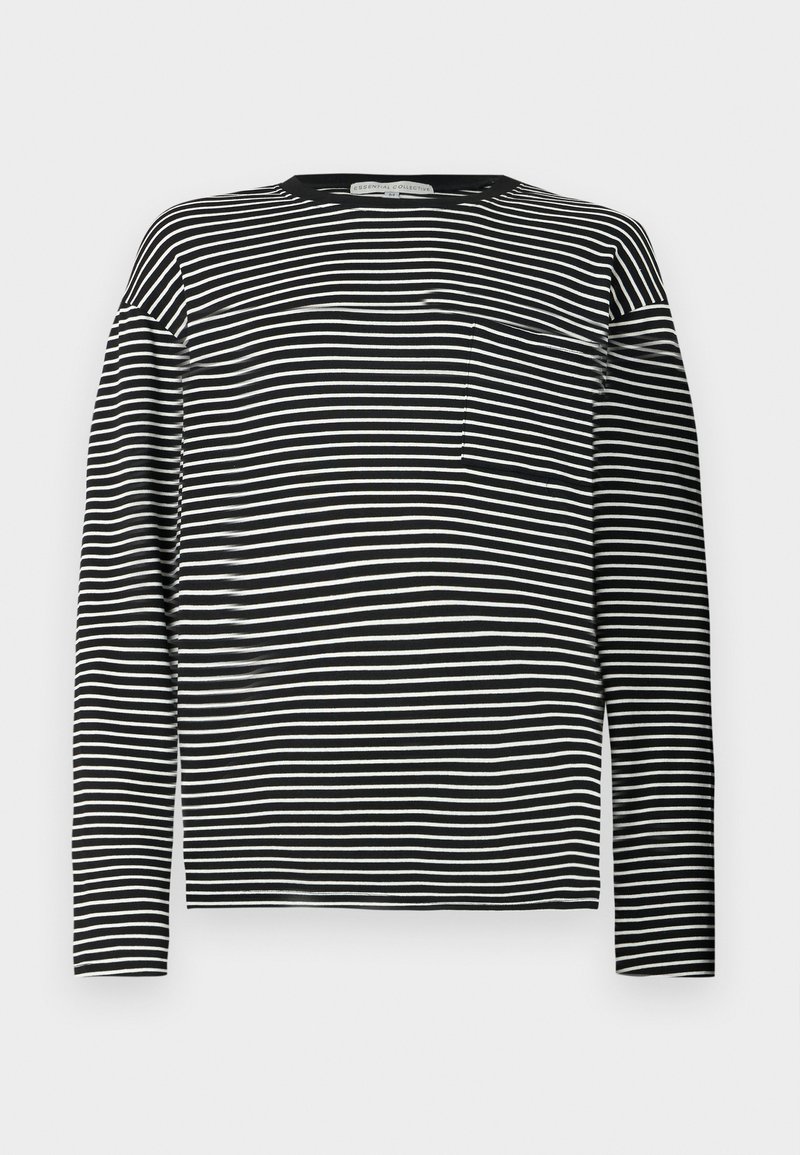 Langärmliges gestreiftes Hemd in Schwarz und Weiß, mit rundem Halsausschnitt und kleiner Brusttasche auf der linken Seite. Glattes Baumwollmaterial.