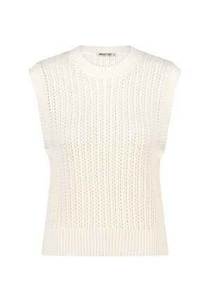 Sleeveless cream knit top with vertical ribbing and textured patterns. Features a round neckline and a fitted silhouette.
