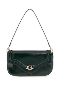Borsa a mano in pelle verniciata verde con design curvo, accessori in oro e tracolla a catena. Logo G ben visibile sul fronte e cuciture decorative.
