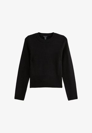 Svart stickad tröja med rund halsringning, långa ärmar och ribbat avslut. Tyget verkar mjukt och något strukturerat.