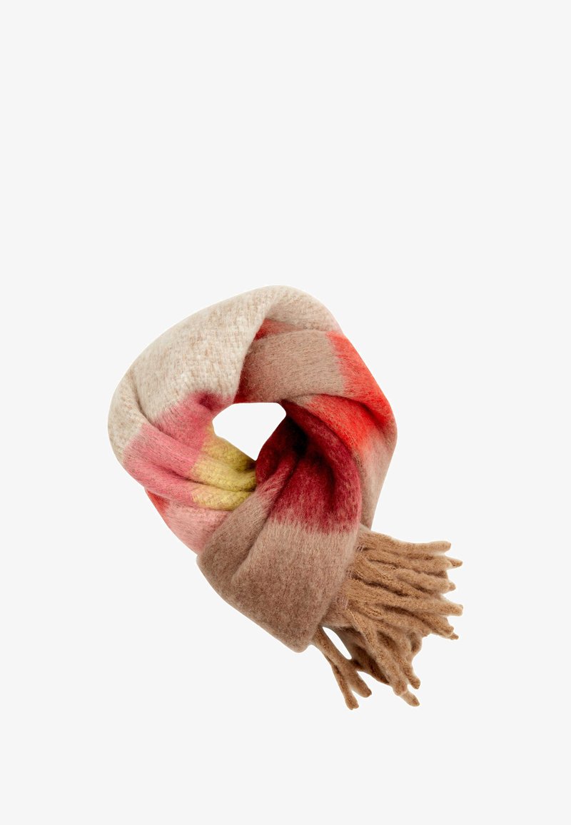 Écharpe en laine enroulée en boucle, présentant un dégradé de couleurs roses, rouges et jaunes avec des franges marron. Texture douce, forme rectangulaire.