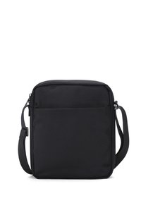 Borsa a messenger nera con tessuto testurizzato, forma rettangolare, tracolla regolabile e tasca frontale con zip. Design minimalista senza hardware visibile.