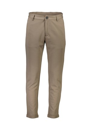 Pantalones beige ajustados hechos de una tela suave, con cierre de botón, dos bolsillos frontales y puños enrollados para un look estilizado.