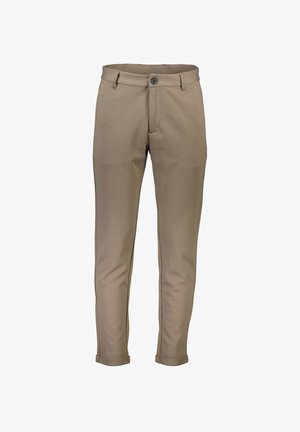 Pantalons beige sur mesure en tissu lisse, avec une fermeture à bouton, deux poches avant et des poignets retroussés pour un look épuré.