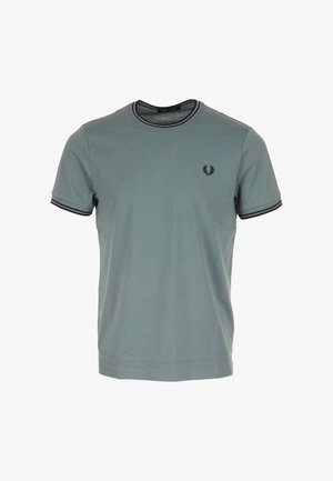 Maglietta da uomo grigia a maniche corte con rifiniture nere su collo e polsini, con un piccolo logo corona di alloro nero sul petto a sinistra.