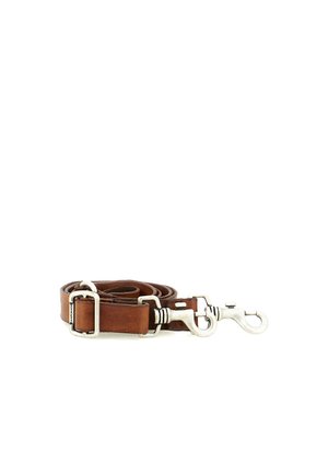 Guinzaglio per cani in pelle marrone avvolto con due clip metalliche argento e una fibbia regolabile su sfondo bianco.