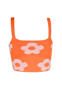 Top corto lavorato a maglia arancione con spalline larghe, caratterizzato da grandi motivi floreali rosa e un design aderente. Tessuto morbido con una finitura liscia.