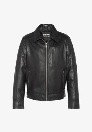 Sort læderjakke med krave, front lynlås og to sidelommer med lynlås. Har en struktureret overflade og skræddersyet pasform.