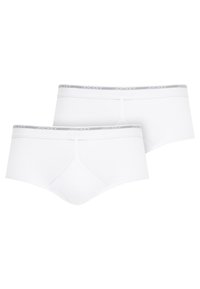 Weiße Baumwoll-Boyshorts mit einem grauen elastischen Bund und dem Logo "JOCKEY", glatter Textur und klassischem Schnittdesign.