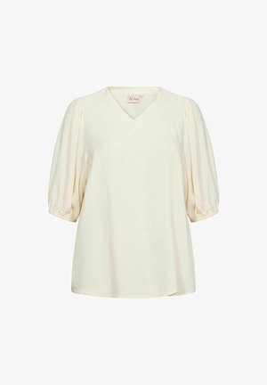 Krēmkrāsas tops ar V-veida kakla izgriezumu, īsām pūkainām piedurknēm ar saspringtiem apkaklīšiem un brīvu piegriezumu, izgatavots no mīksta auduma.