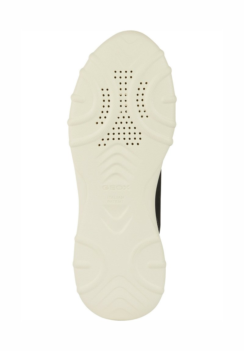 Semelle extérieure en caoutchouc blanc avec surface texturée, dotée de trous de ventilation et de motifs en relief. Logo "GEOX ITALIAN PATENT" visible.