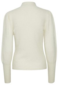 Cream-colored, mid-weight sweater with a high neck, long puffed sleeves, and ribbed cuffs. Soft, textured fabric with a fitted silhouette.