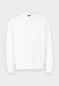 Sudadera blanca hecha de un tejido suave con un logotipo elevado en la parte frontal. Mangas largas con puños acanalados y cuello redondo.