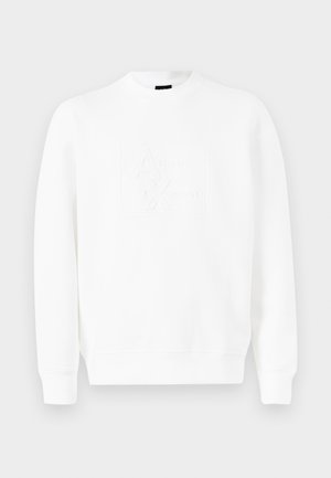 White sweatshirt made of soft fabric featuring a raised logo on the front. Long sleeves with ribbed cuffs and round neckline.