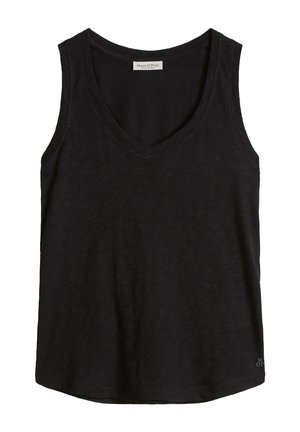 Schwarzes ärmelloses Tanktop mit V-Ausschnitt und kleinem "M OP"-Logo nahe dem unteren Saum sowie einem Marc O'Polo-Etikett im Innenkragen.