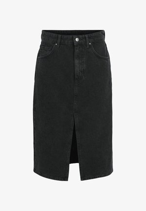 Mustast denimist seelik, ees olev lõhe, kõrge vöökoht ja kaks taskut. Viimistletud metallist lisanditega ja kontrastsete õmblustega. Sile tekstuur.